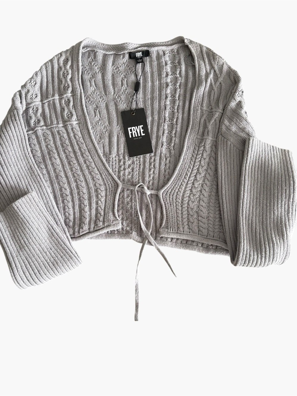 Women’s FRYE Cropped Cardigan Gray Open Weave L/S Size Large NWT - Picture 7 of 8